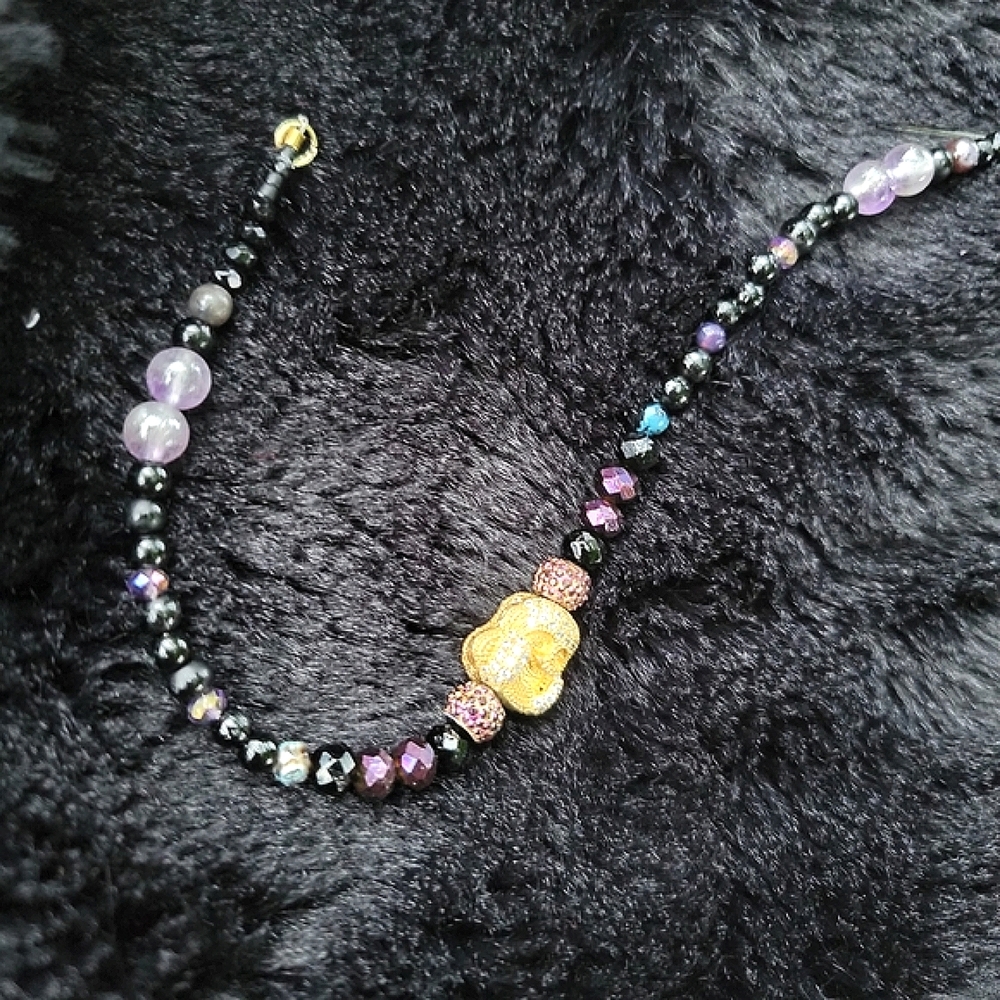 Authentic Gemstone, Gold Plated Buddha, Black + Purple, Amethyst, Men's Bracelet